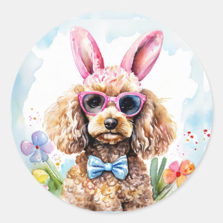 Happy Easter Cute Bunny Poodle Watercolor Dog Ronde Sticker