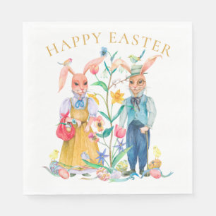 Happy Easter Cute Bunny Rabbits Spring Flowers Servet