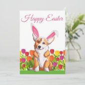 Happy Easter Cute Corgi Bunny Floral Custom Kaart (Staand voorkant)