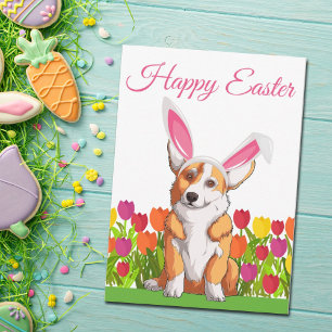 Happy Easter Cute Corgi Bunny Floral Custom Kaart