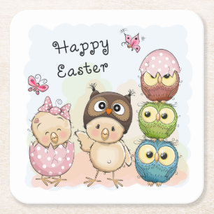 Happy Easter Cute Owl   FEESTDAGEN Vierkante Kartonnen Onderzetter