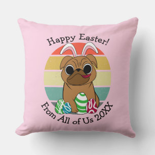 Happy Easter Cute Pug w Bunny Ears & Colorful Eggs Kussen