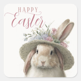 Happy Easter Cute Waterverf Floral Bunny Rabbit Vierkante Sticker