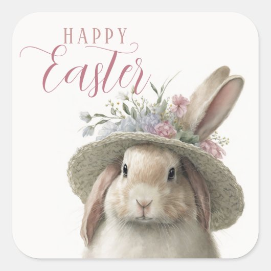 Happy Easter Cute Waterverf Floral Bunny Rabbit Vierkante Sticker (Voorkant)