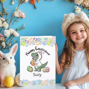 Happy Easter Dinosaur met een konijnenjas, eieren Feestdagen Kaart