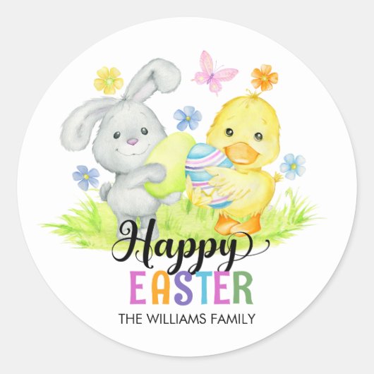 Happy Easter Egg Hunt Schattige Bunny & Chick Ronde Sticker (Voorkant)