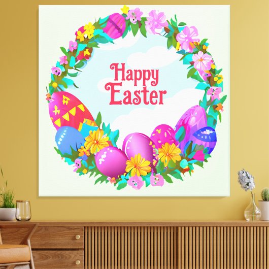Happy Easter Eggs Floral Wreate Canvas Afdruk (Insitu (Woonkamer))