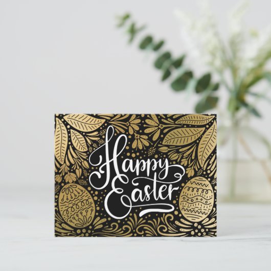 Happy Easter Elegant Boho Black en Gold Briefkaart (Staand voorkant)