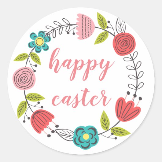 happy easter floral lijst spring pastel ronde sticker (Voorkant)