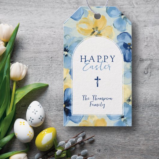 Happy Easter Floral Religious Cross Custom Name Cadeaulabel