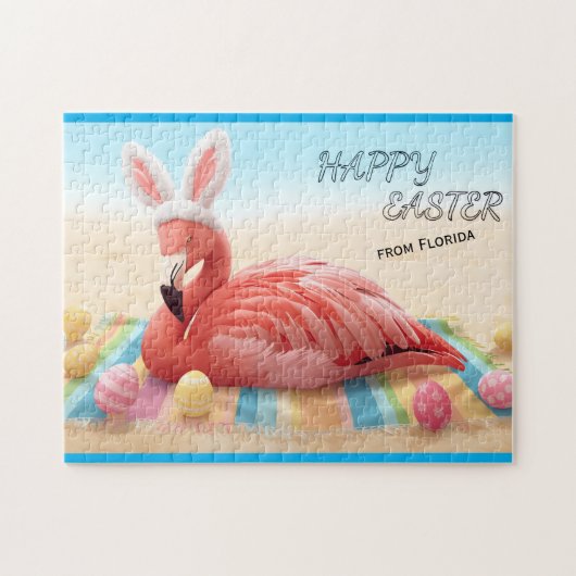 Happy Easter from Florida Flamingo Bunny on Beach  Legpuzzel (Horizontaal)