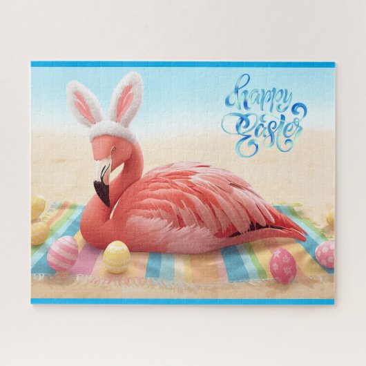 Happy Easter from Florida Flamingo Bunny on Beach  Legpuzzel (Horizontaal)