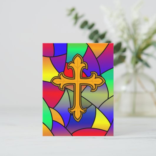 Happy Easter | Glas in lood en kruis Briefkaart (Staand voorkant)