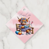 Happy Easter Highland Koe Blue Checkered Bedankjes Labels (Voorkant)