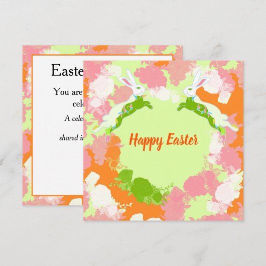 Happy Easter Invitation Card – Cute Bunny Floral  (Devant / Derrière)