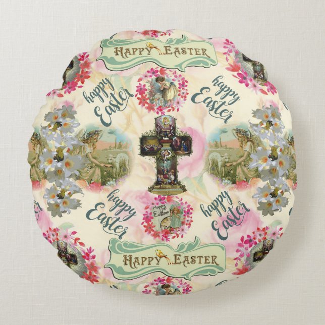 Happy Easter Jesus Resureccition Angel Wreaths Rond Kussen (Voorkant)