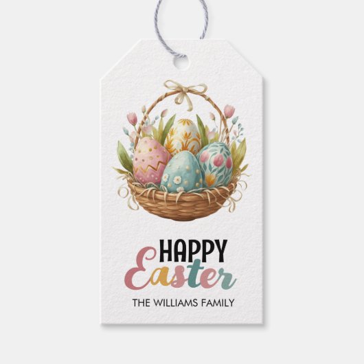 Happy Easter Kleurrijke Waterverf Egg Basket Cadeaulabel (Voorkant)
