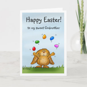Happy Easter lieve Godmoeder - Cute Bunny jongling Feestdagen Kaart
