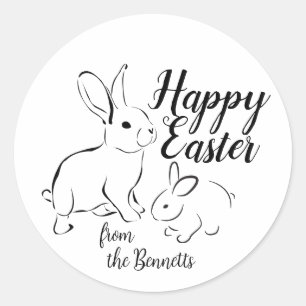 Happy Easter Line Art Bunny Rabbit Editable Name Ronde Sticker
