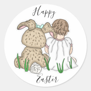 Happy Easter   Little Girl en Easter Bunny Ronde Sticker