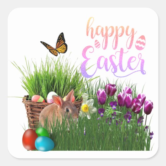 Happy Easter met Bunny Rabbit Holiday Vierkante Sticker (Voorkant)