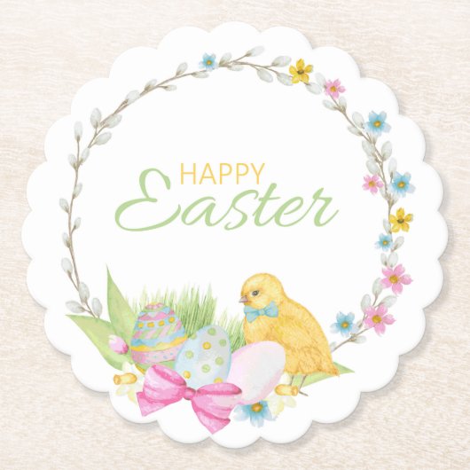 Happy Easter Modern Chick Eggs Floral Wreate Kartonnen Onderzetters (Voorkant)