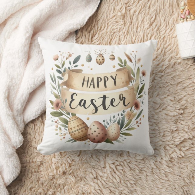 Happy Easter Neutral Rustic Throw Pillow Kussen (Deken)