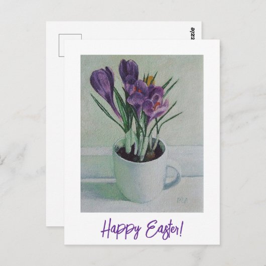 Happy Easter paarse krokus bloemenkunst Briefkaart (Voorkant / Achterkant)
