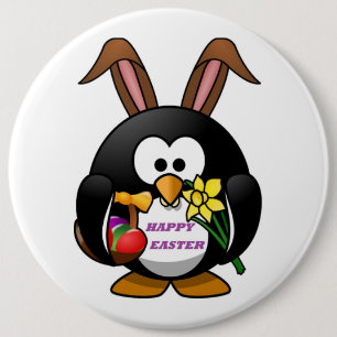 "HAPPY EASTER" PENGUIN BUNNY RONDE BUTTON 6,0 CM