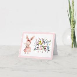 Happy Easter Pink Bunny Folded Greeting Card Kaart