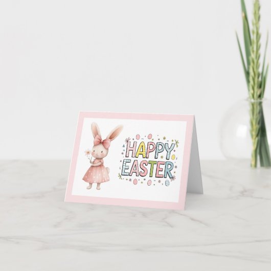 Happy Easter Pink Bunny Folded Greeting Card Kaart (Voorkant)