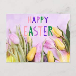 Happy Easter Pink en Yellow Tulip Flowers Briefkaart