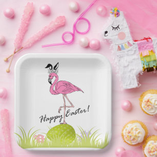 Happy Easter Pink Flamingo Bunny Ears and Eggs Papieren Bordje
