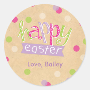 Happy Easter Pink Paarse Confetti Stippen Ronde Sticker