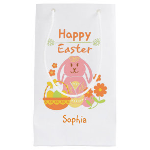 Happy Easter Pink Rabbit en Flowers Klein Cadeauzakje