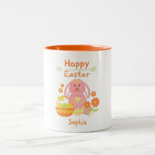 Happy Easter Pink Rabbit en Flowers Tweekleurige Koffiemok