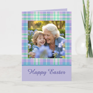 Happy Easter Plaid One Photo Purple Blue Pastel Kaart