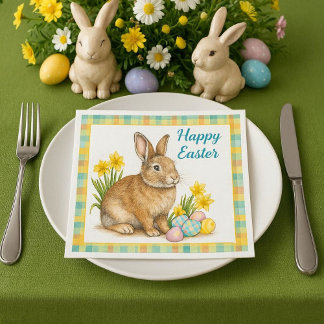 Happy Easter Rabbit Spring Plaid Servet