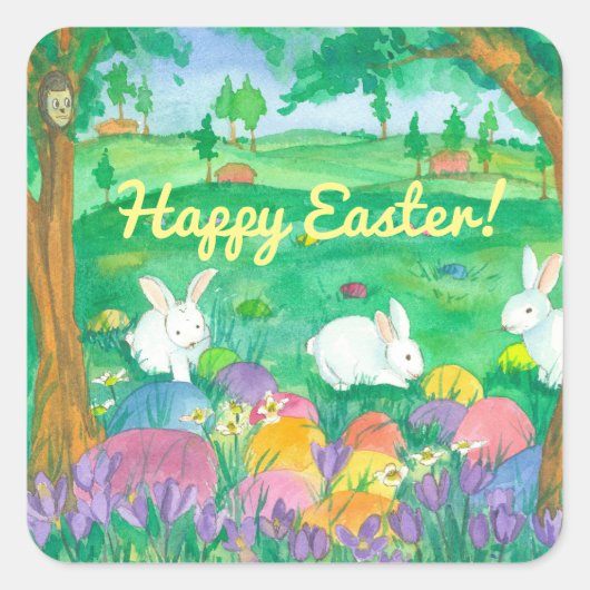Happy Easter Rabbits Vierkante Sticker (Voorkant)