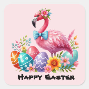 Happy Easter roze flamingo Vakantie Vierkante Sticker