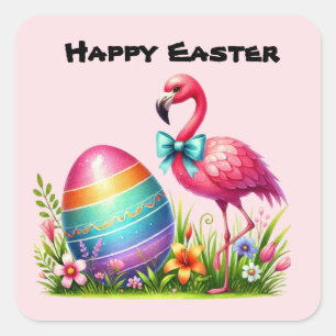 Happy Easter roze flamingo Vakantie Vierkante Sticker