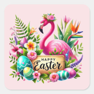Happy Easter roze flamingo Vakantie Vierkante Sticker