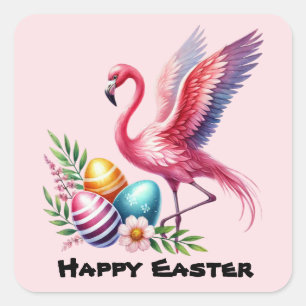 Happy Easter roze flamingo Vakantie Vierkante Sticker