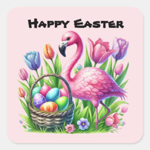 Happy Easter roze flamingo Vakantie Vierkante Sticker