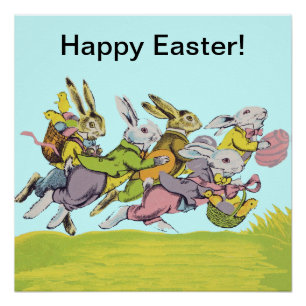 Happy Easter Running Pastel Rabbits Perfect Poster
