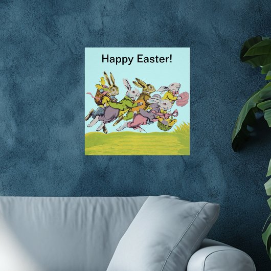 Happy Easter Running Pastel Rabbits Perfect Poster