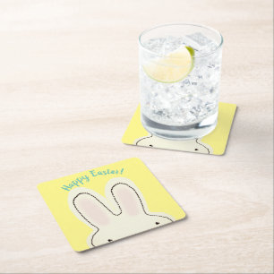 Happy Easter schattig konijntje kiekeboe script ge Vierkante Kartonnen Onderzetter