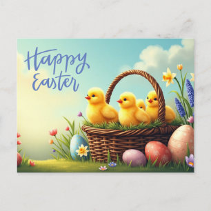 Happy Easter Schattigee kuikens in Wicker Basket Feestdagenkaart