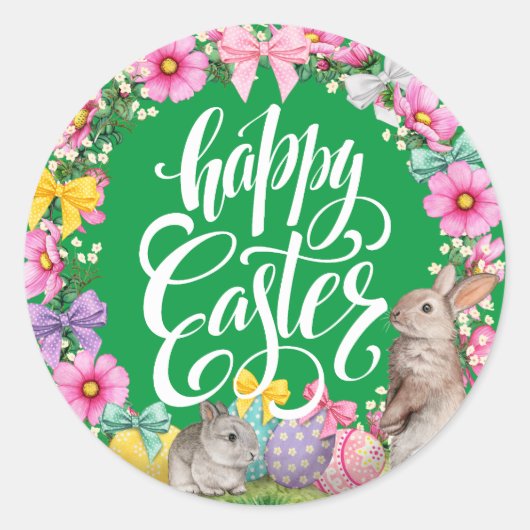 Happy Easter Script Floral Green Easter Bunny Egg Ronde Sticker (Voorkant)