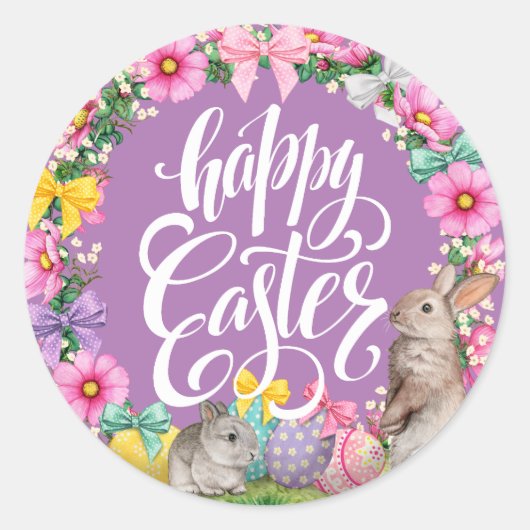 Happy Easter Script Floral lavendar Easter Bunny Ronde Sticker (Voorkant)